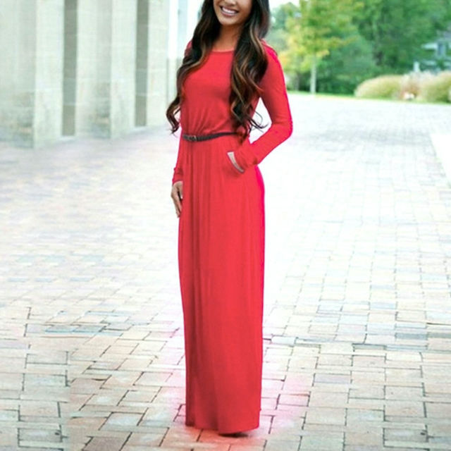 Picture of Round Neck Long Sleeve Maxi Autumn Dress With Belt And Pockets