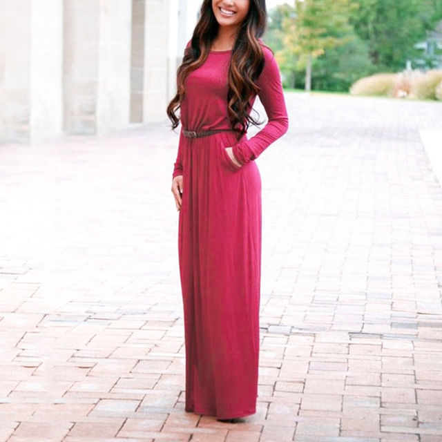 Picture of Round Neck Long Sleeve Maxi Autumn Dress With Belt And Pockets
