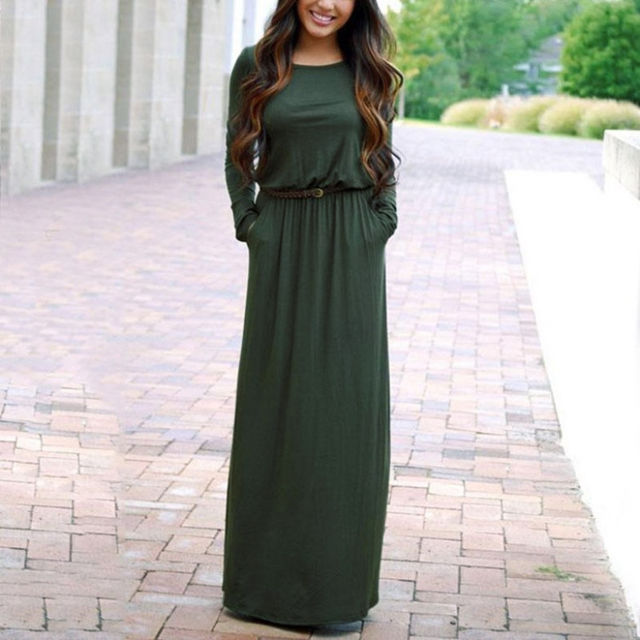 Picture of Round Neck Long Sleeve Maxi Autumn Dress With Belt And Pockets