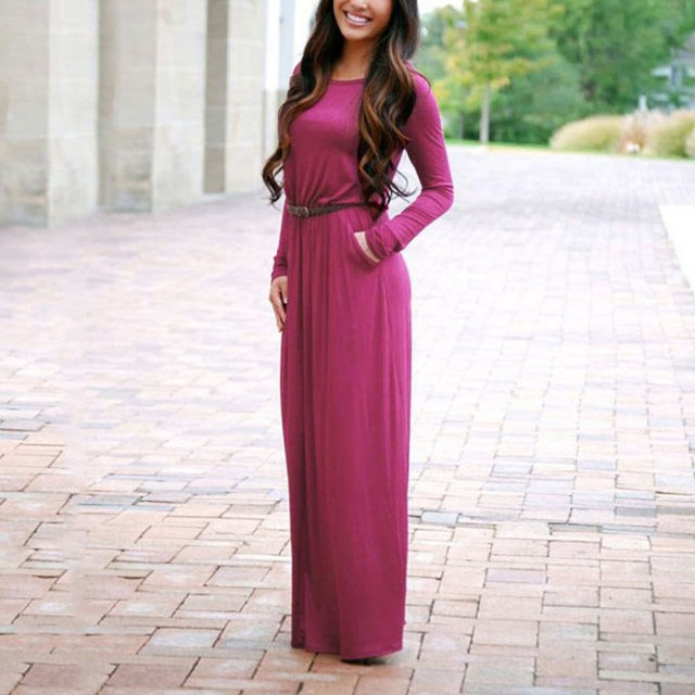 Picture of Round Neck Long Sleeve Maxi Autumn Dress With Belt And Pockets