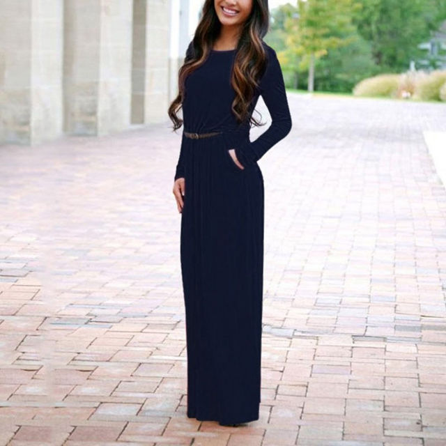 Picture of Round Neck Long Sleeve Maxi Autumn Dress With Belt And Pockets