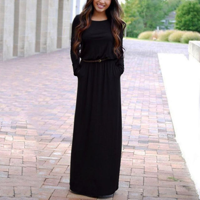 Picture of Round Neck Long Sleeve Maxi Autumn Dress With Belt And Pockets