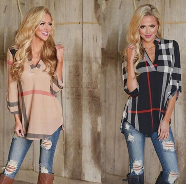 Picture of Fashion Plaid Printed V-Neck 3/4 Sleeve Top