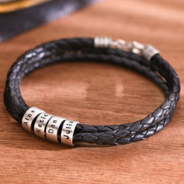 Picture of Unisex Braided Leather Bracelet with Small Custom Beads in 925 Sterling Silver