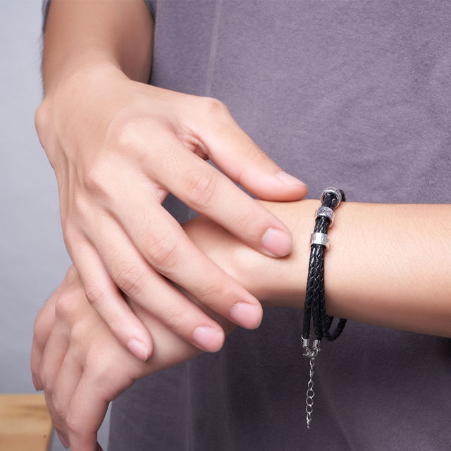 Picture of Unisex Braided Leather Bracelet with Small Custom Beads in 925 Sterling Silver