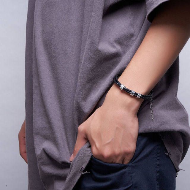 Picture of Unisex Braided Leather Bracelet with Small Custom Beads in 925 Sterling Silver