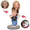 Picture of Custom Bobbleheads: Mother and Son in Black Shirts Bobbleheads | Personalized Bobbleheads for the Special Someone as a Unique Gift Idea