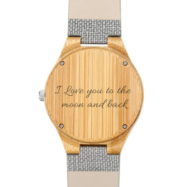 Picture of Women's Engraved Bamboo Photo Watch Grey Leather Strap