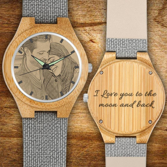 Picture of Women's Engraved Bamboo Photo Watch Grey Leather Strap