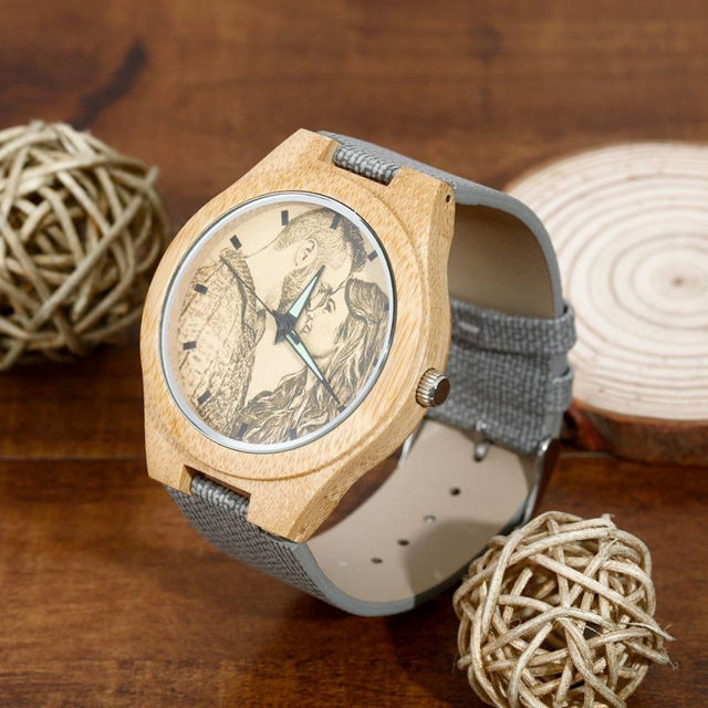 Picture of Women's Engraved Bamboo Photo Watch Grey Leather Strap