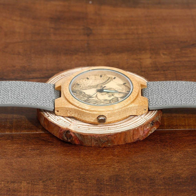 Picture of Women's Engraved Bamboo Photo Watch Grey Leather Strap