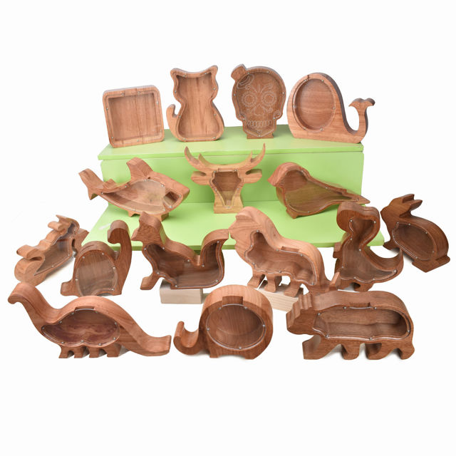 Picture of Personalized Wooden Piggy Bank for Kids Boys Girls - Wooden Animal Coin Bank Bear Bank DIY Child's Name - Transparent Money Saving Box