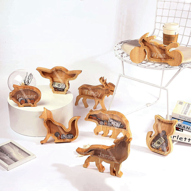 Picture of Personalized Wooden Piggy Bank for Kids Boys Girls - Wooden Animal Coin Bank Bear Bank DIY Child's Name - Transparent Money Saving Box