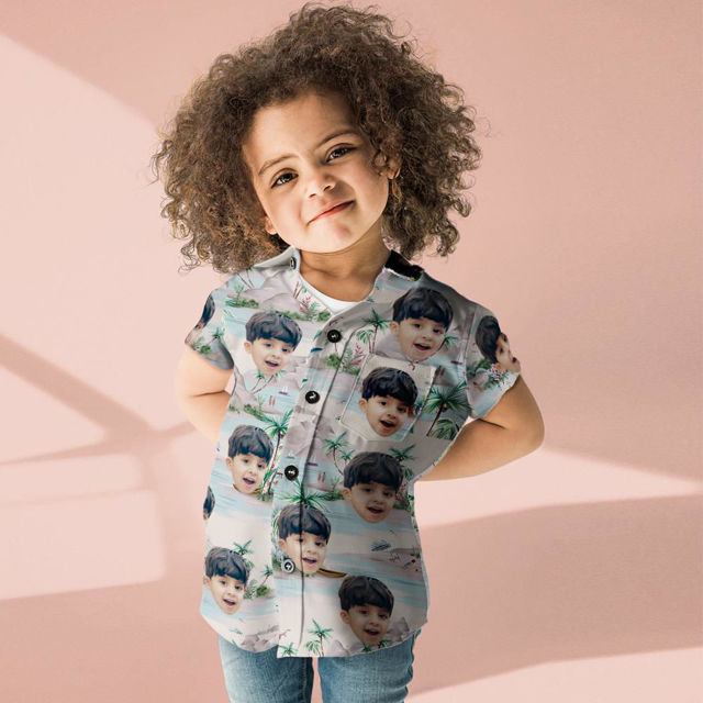 Picture of Custom Photo Face Hawaiian Shirt for Kids - Personalized Children's Short Sleeve Beach Party Summer T-Shirts - Sea View - Kids Holiday Gifts
