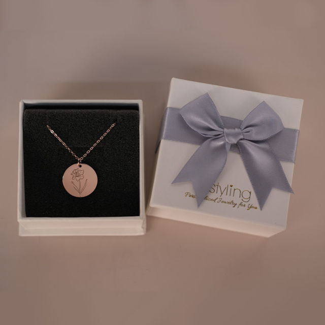Picture of Custom Name Necklace with Birth Flower - Round Disc Flower Name Necklace - Bridesmaid Gifts Wedding Necklace