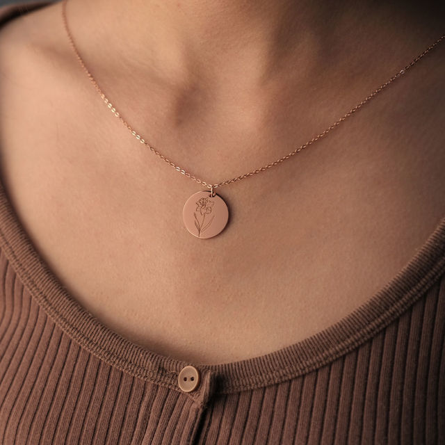 Picture of Custom Name Necklace with Birth Flower - Round Disc Flower Name Necklace - Bridesmaid Gifts Wedding Necklace