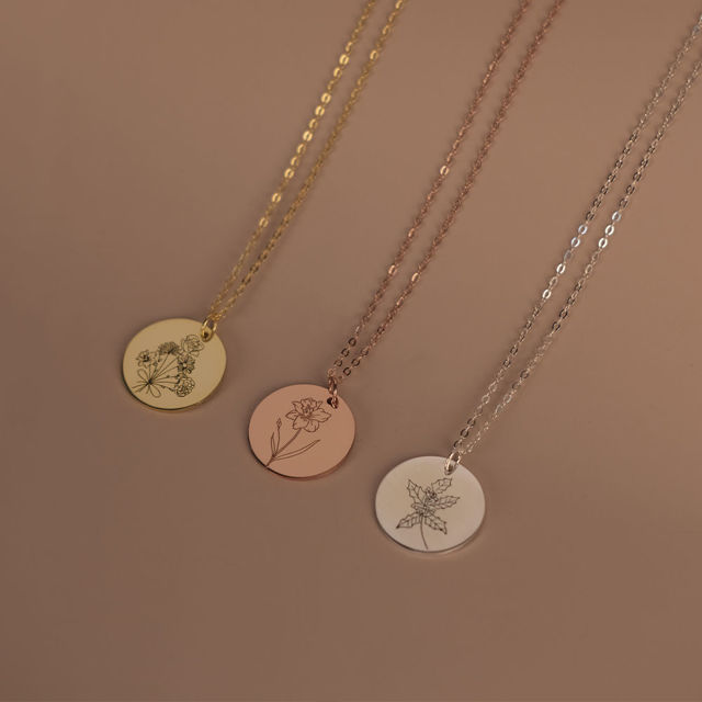 Picture of Custom Name Necklace with Birth Flower - Round Disc Flower Name Necklace - Bridesmaid Gifts Wedding Necklace