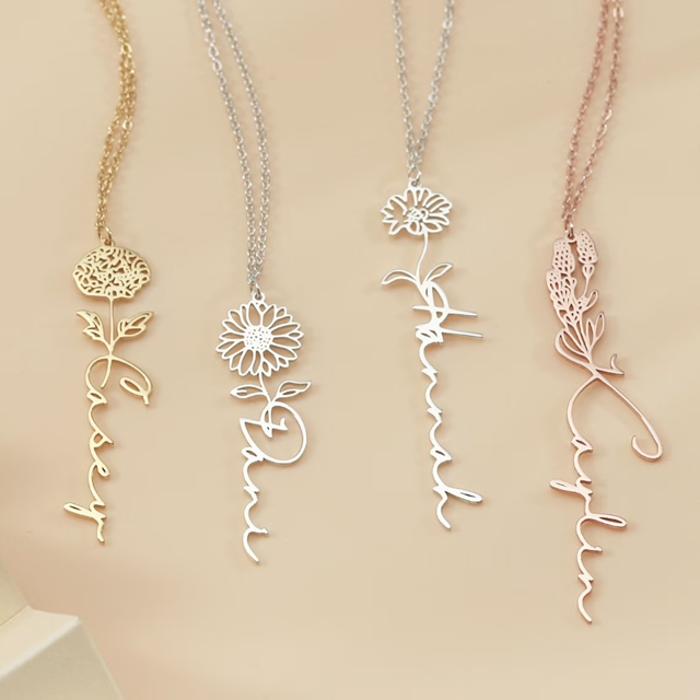 Picture of Custom Name Necklace with Birth Flower - Flower Name Necklace - Best Gifts Wedding Necklace