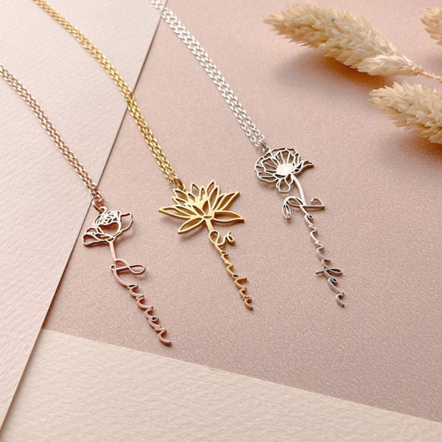 Picture of Custom Name Necklace with Birth Flower - Flower Name Necklace - Best Gifts Wedding Necklace