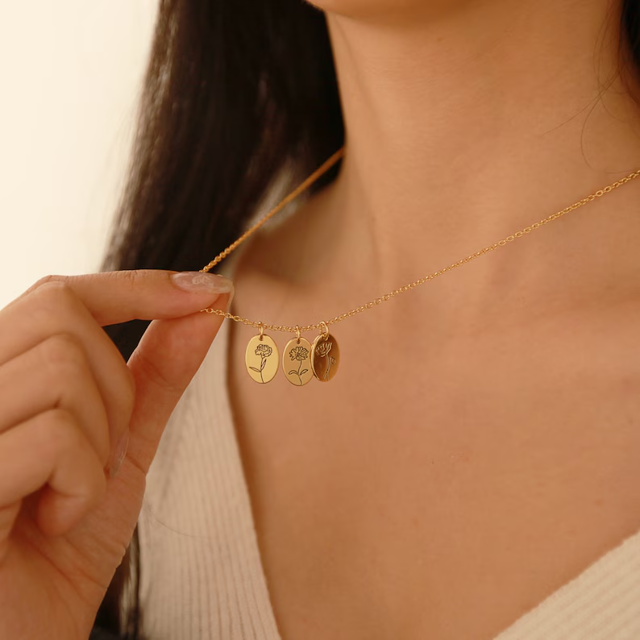 Picture of Personalized Birth Flower Disc Necklace - Mother's Day Gift Birth Flower Necklace - Unique Birthday Gift for Her - Birthday Gift for Her-Best Gift for Her