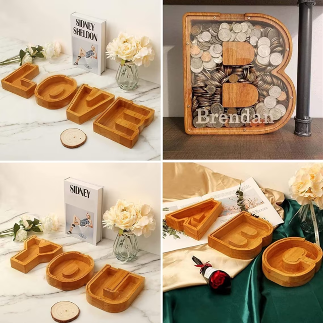 Picture of Personalized Wooden Piggy Bank for Kids Boys Girls - Large Piggy Banks 26 English Alphabet Letter-V - Transparent Money Saving Box