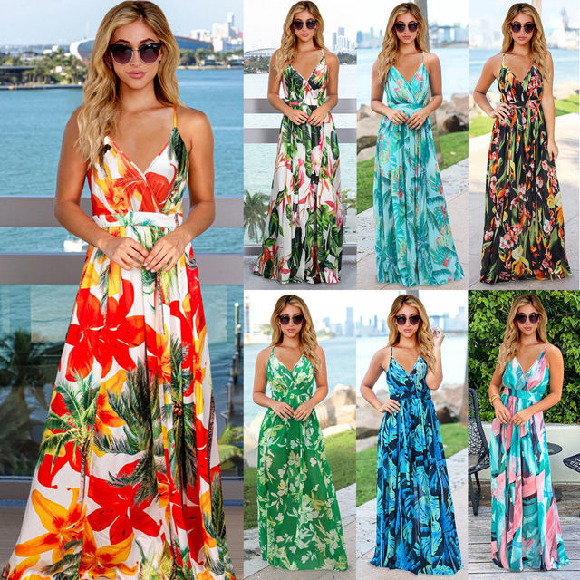 Picture of Chic Spring/Summer Look Bohemian Floral Suspender Dresses - V-Neck Boho Long Maxi Dress - Beach/Wedding Party Camisole Dress for Girls